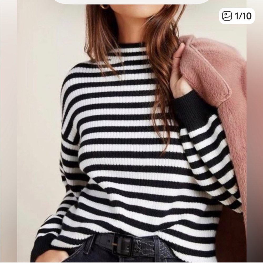 Anthropologie Sydney Stripe Balloon Sleeve Sweater Black and White Stripe Sz XS